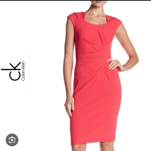 Calvin Klein Pink Sheath Dress Ruched Horseshoe Neck Cap Sleeve Stretch Size 12 - Picture 1 of 7